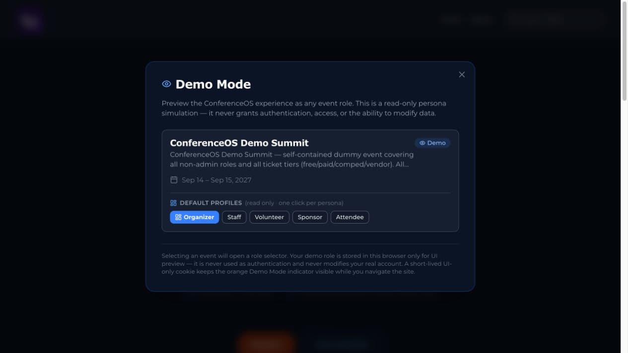 ConferenceOS Demo Mode event and role picker