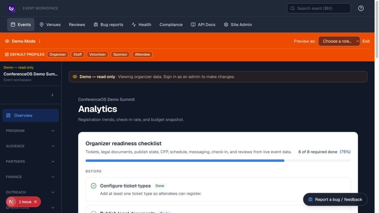 ConferenceOS organizer event overview