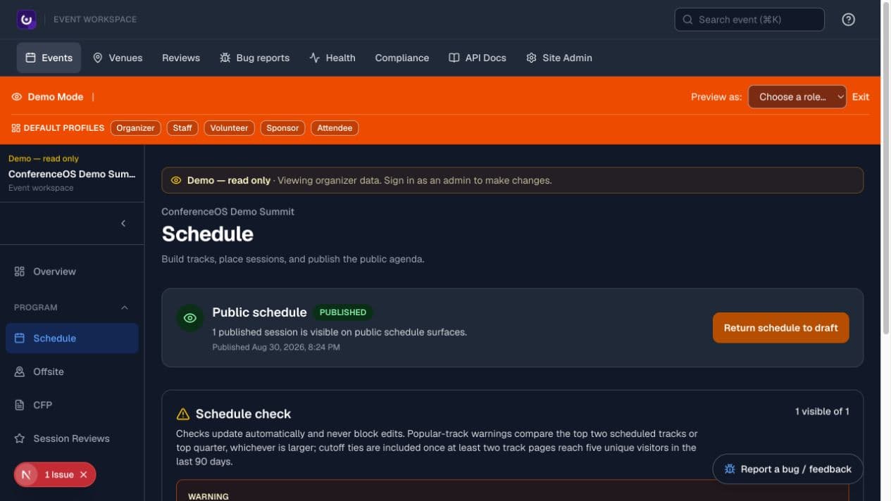 ConferenceOS organizer schedule