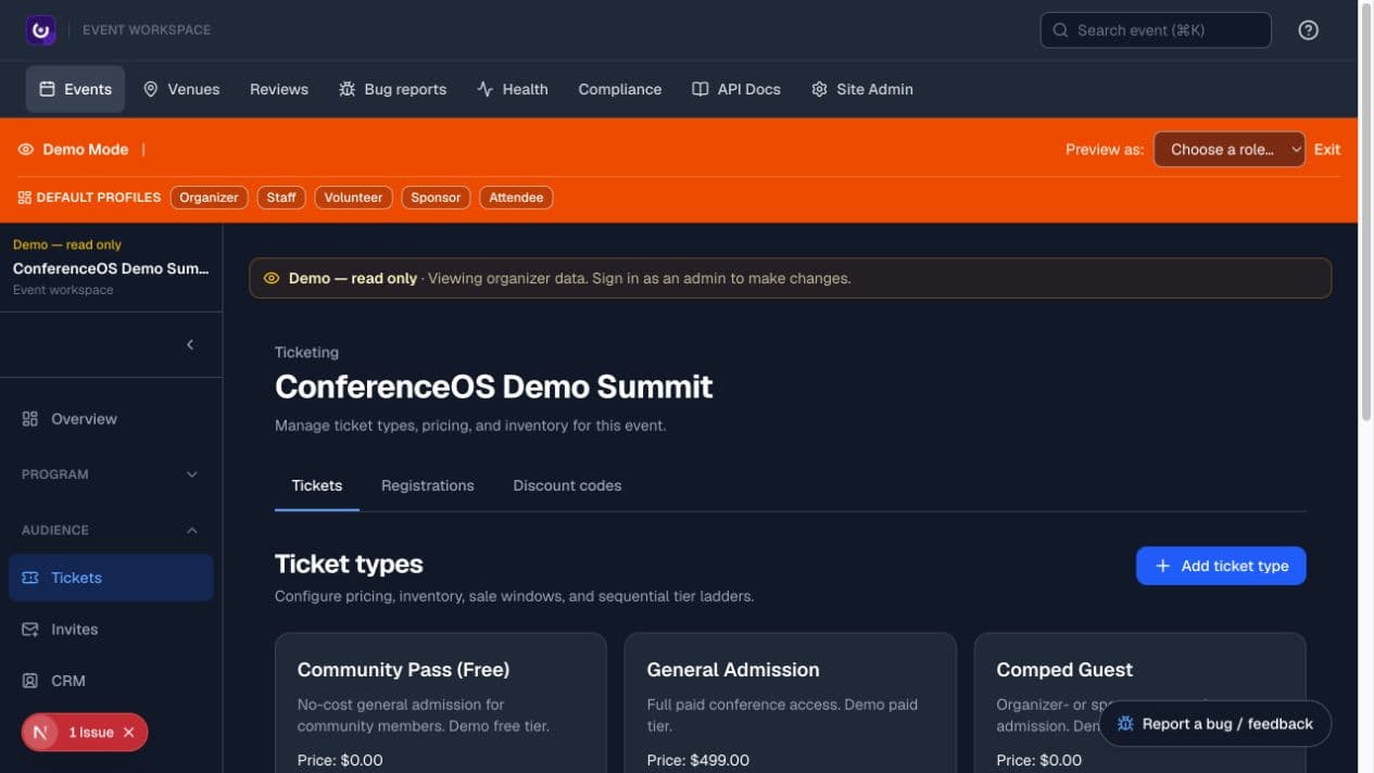 ConferenceOS organizer ticketing
