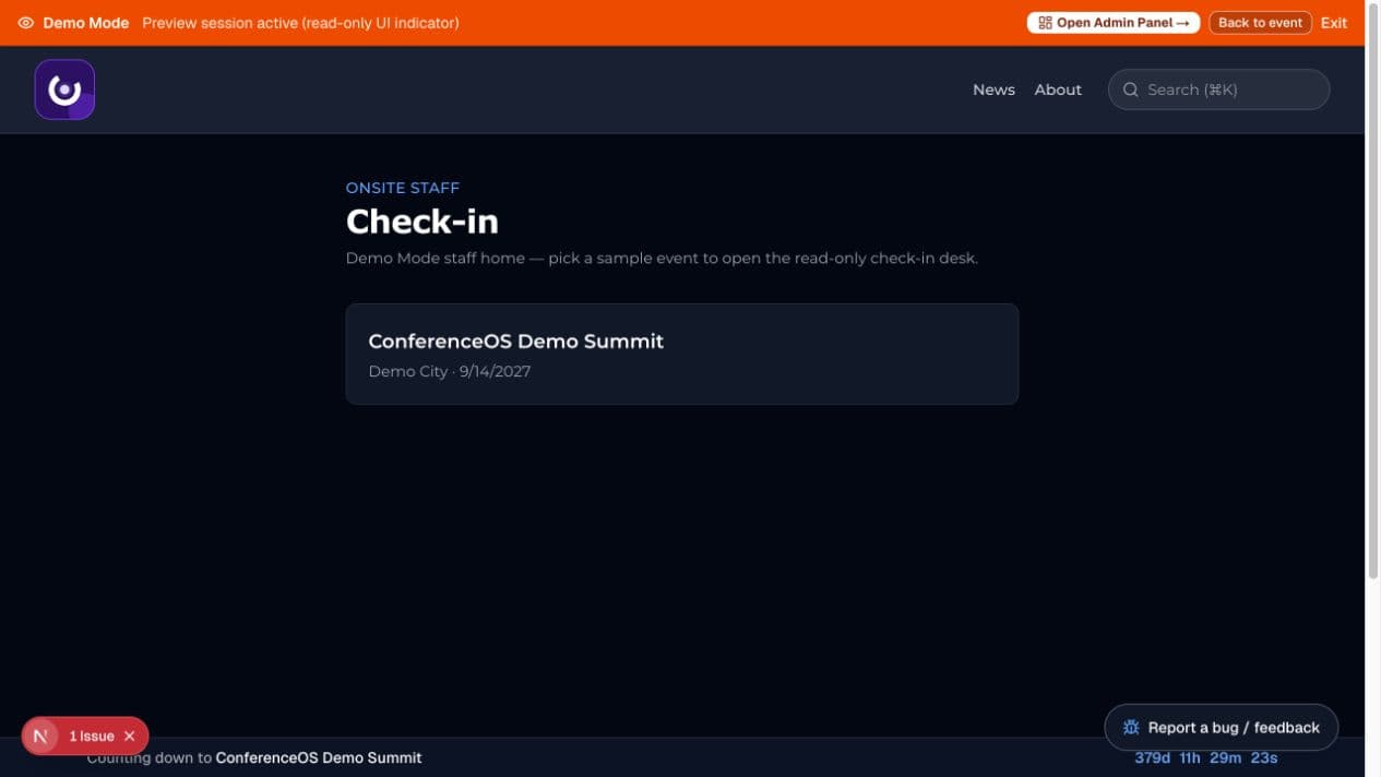 ConferenceOS check-in staff event picker