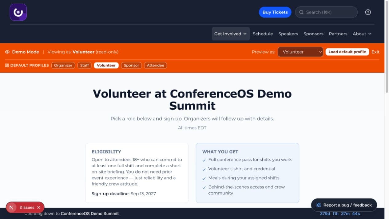 ConferenceOS volunteer opportunities page